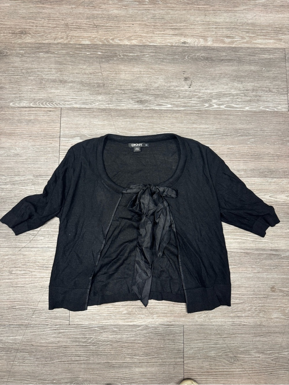 DKNY Black Satin Tie-Front Cropped Cardigan